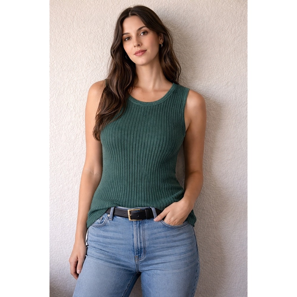 Vintage Hanes Ribbed Knit Sleeveless Top Green Crew Neck Lettuce Hem Large